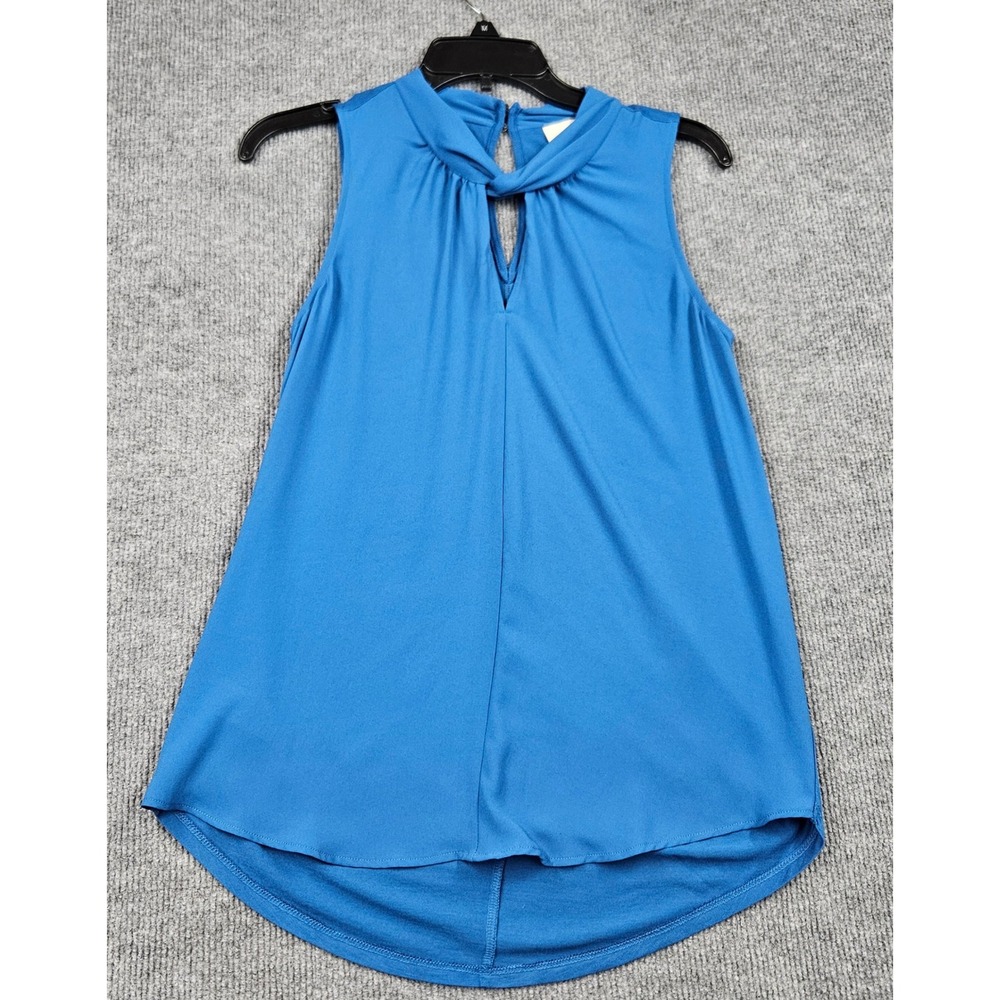 NWT LOFT Womens Blue Twist Neck Keyhole Sleeveless Blouse Mixed Media Top XS